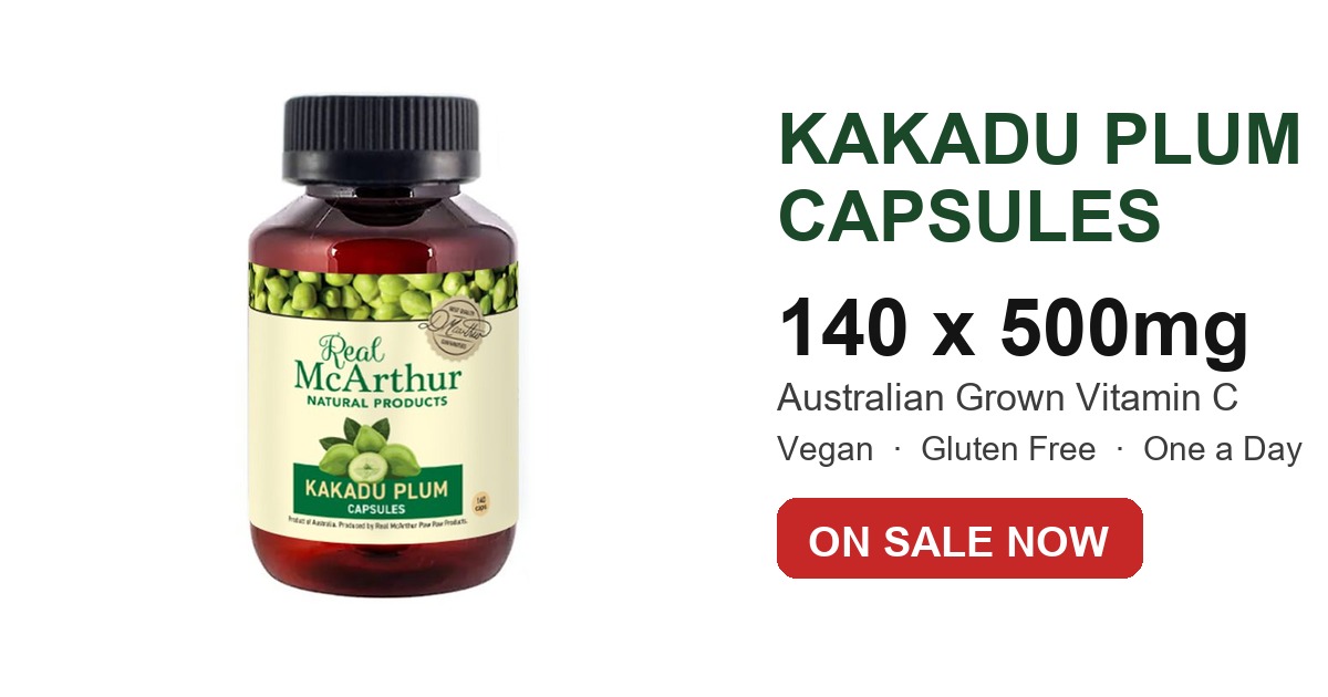 Kakadu plum capsules bottle — 240 times more vitamin C than an orange