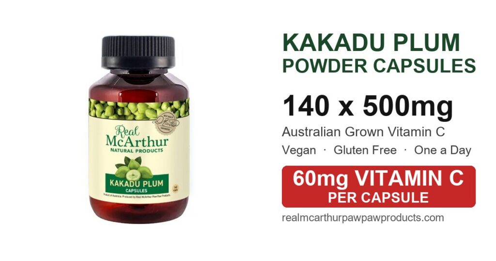 Kakadu plum powder capsules - 140 x 500mg, 60mg natural vitamin C per capsule. Australian grown Kakadu plum, vegan and gluten free.