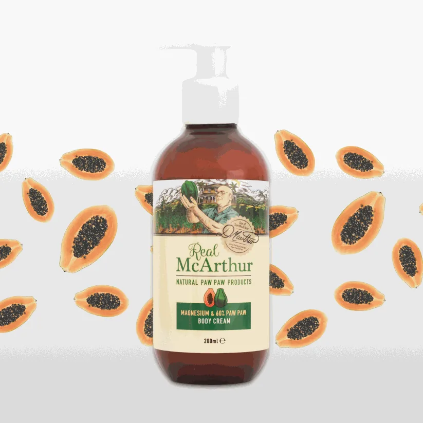 Real McArthur paw paw products — paw paw cream, pawpaw cream, magnesium cream, hand cream, body cream, face cream, moisturiser for dry skin, vegan skincare and natural handmade paw paw soap, made in Australia