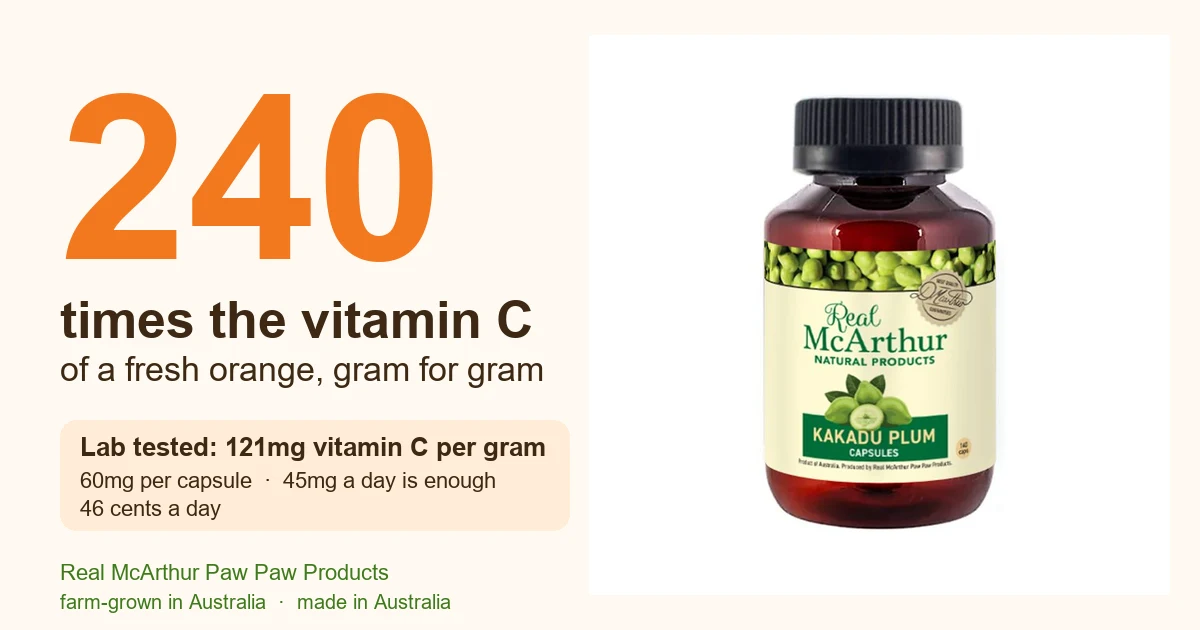Kakadu plum capsules: 240 times the vitamin C of a fresh orange, gram for gram. Lab tested: 121mg per gram, 60mg per capsule